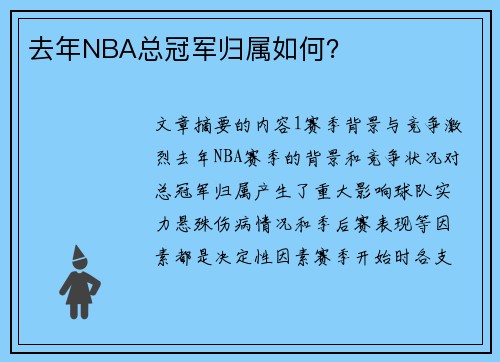 去年NBA总冠军归属如何？